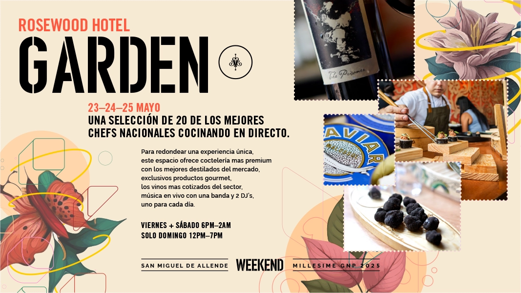 OSEWOOD HOTEL GARDEN 23-24-25 MAYO UNA SELECCIÓN DE 20 DE LOS MEJORES CHEFS NACIONALES COCINANDO EN DIRECTO. Para redondear una experiencia única, este espacio ofrece coctelería mas premium con los mejores destilados del mercado, exclusivos productos gourmet, los vinos mas cotizados del sector, música en vivo con una banda y 2 DJ's, uno para cada día. VIERNES + SÁBADO 6PM-2AM SOLO DOMINGO 12PM-7PM