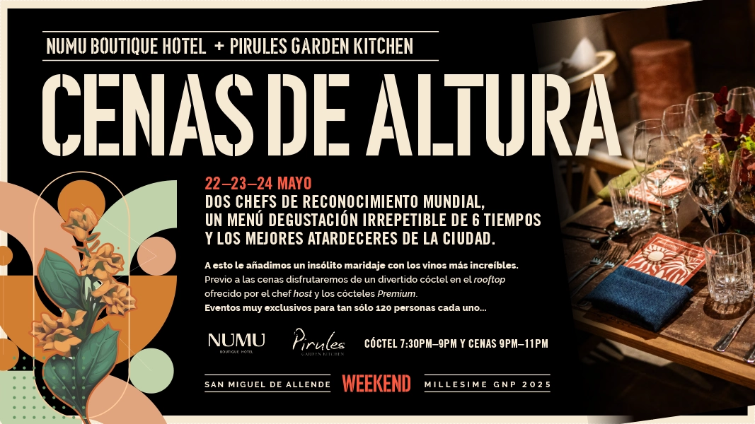 NUMU BOUTIQUE HOTEL + PIRULES GARDEN KITCHEN CENAS DE ALTUR 22-23-24 MAYO DOS CHEFS DE RECONOCIMIENTO MUNDIAL, UN MENÚ DEGUSTACIÓN IRREPETIBLE DE 6 TIEMPOS Y LOS MEJORES ATARDECERES DE LA CIUDAD. A esto le añadimos un insólito maridaje con los vinos más increíbles. Previo a las cenas disfrutaremos de un divertido cóctel en el rooftop ofrecido por el chef host y los cócteles Premium. Eventos muy exclusivos para tan sólo 120 personas cada uno... NUMU BOUTIQUE HOTEL Pirules CÓCTEL 7:30PM-9PM Y CENAS 9PM-11PM GARDEN KITCHEN